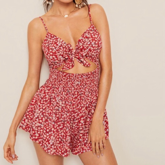 TIE FRONT CUT OUT SHIRRED DITSY FLORAL ROMPER - Picture 1 of 3